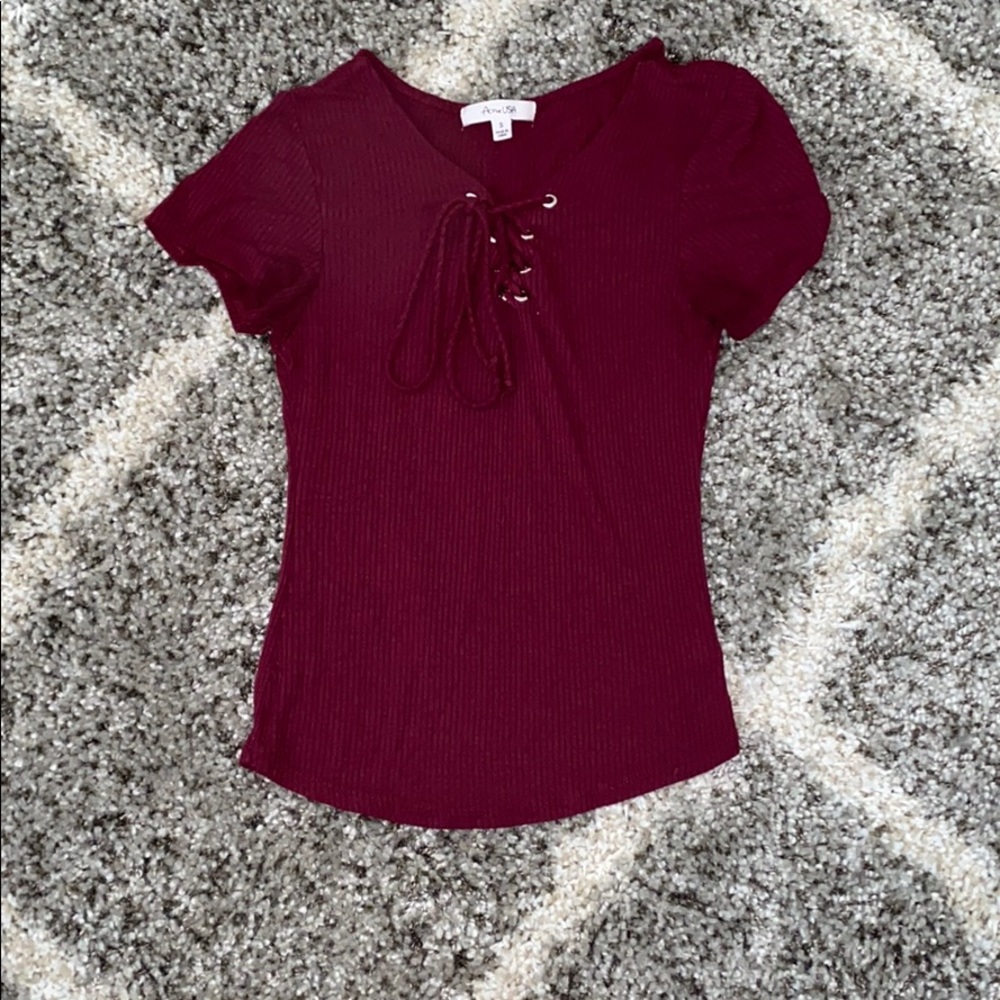 red ribbed lace up shirt
